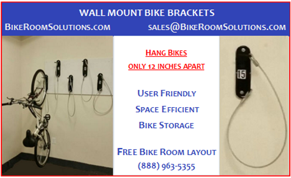 Wall mount bike brackets Philadelphia allows bikes to be spaced just 12″ apart. User friendly. Free bike room layouts. Free delivery. Professional installations. Call (888)963-5355 or email Sales@BikeRoomSolutions.com